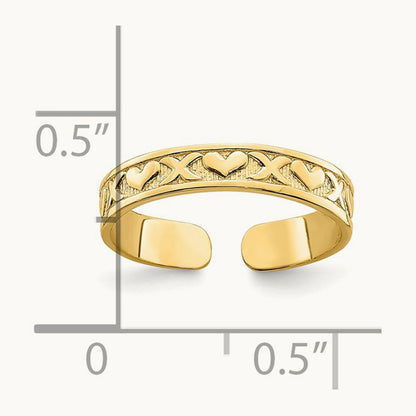 Small X and Hearts Adjustable Toe Ring — 14K Yellow Gold