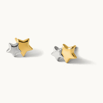 w/Rhodium Polished Double Star Post Earrings, 14K