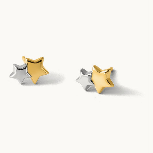 w/Rhodium Polished Double Star Post Earrings, 14K