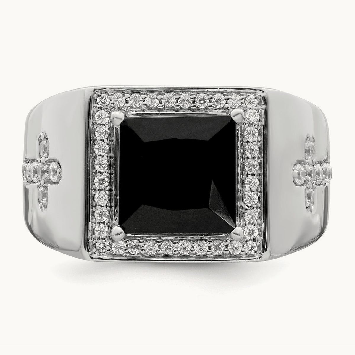 Onyx and Diamond Cross Men's Ring — 14K White Gold