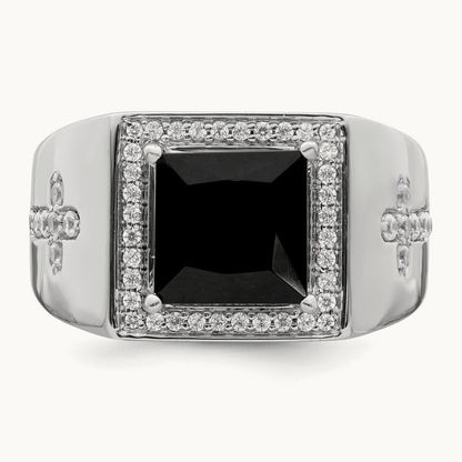 Onyx and Diamond Cross Men's Ring — 14K White Gold