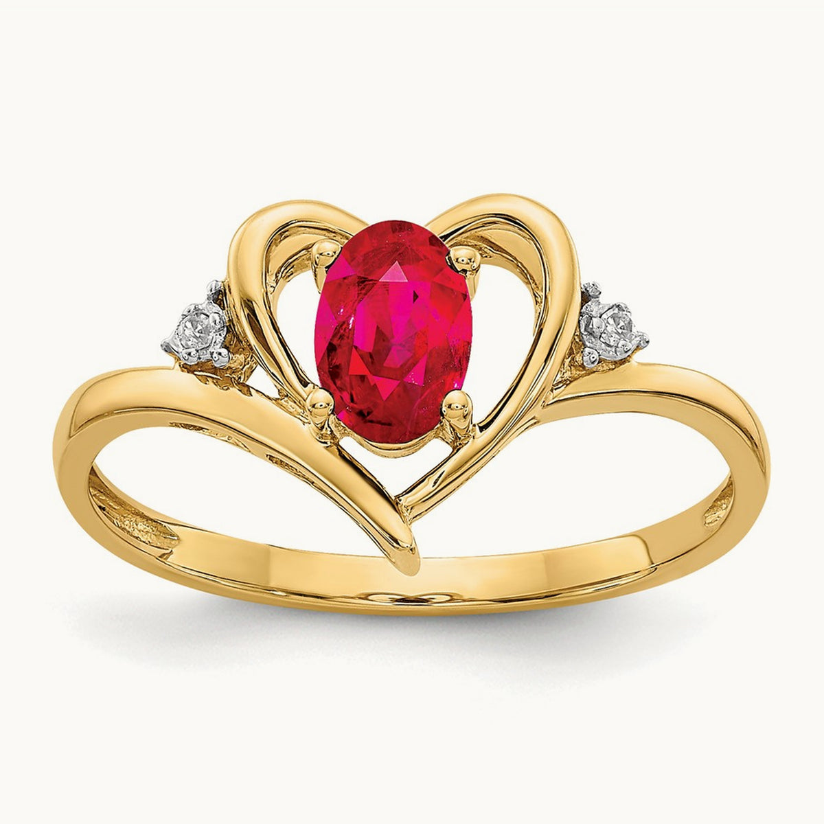 Ruby and Diamond Heart Ring — 14K Yellow Gold, 7