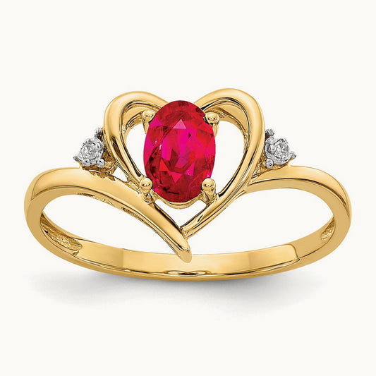 Ruby and Diamond Heart Ring — 14K Yellow Gold, 7