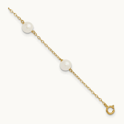 6- White Near Round Freshwater Cultured Pearl 6-station Anklet, 7mm, 14K