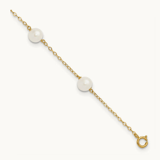 6- White Near Round Freshwater Cultured Pearl 6-station Anklet, 7mm, 14K