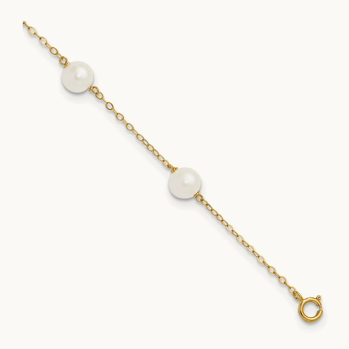 6- White Near Round Freshwater Cultured Pearl 6-station Anklet, 7mm, 14K