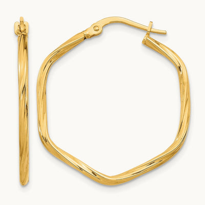 1x1mm Textured Twist Hexagon Hoop Earrings, 14K