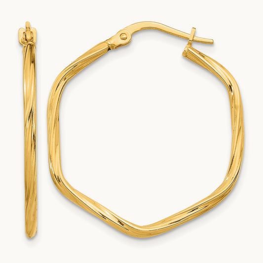 1x1mm Textured Twist Hexagon Hoop Earrings, 14K