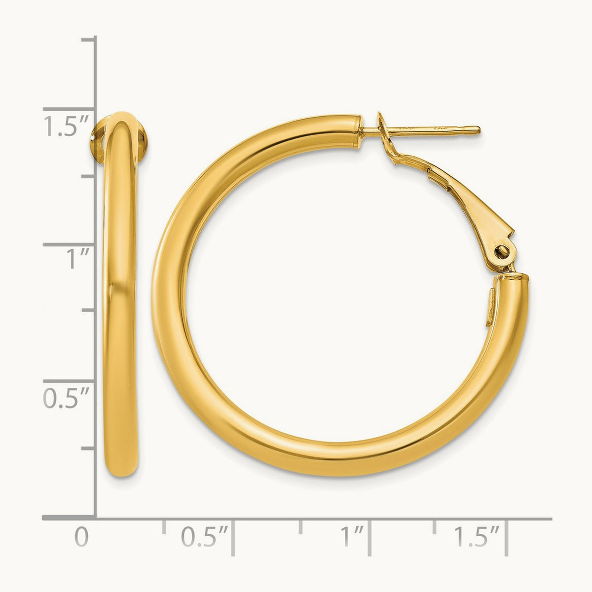Polished Round Omega Back Hoop Earrings — 14K Yellow Gold, 3x32mm