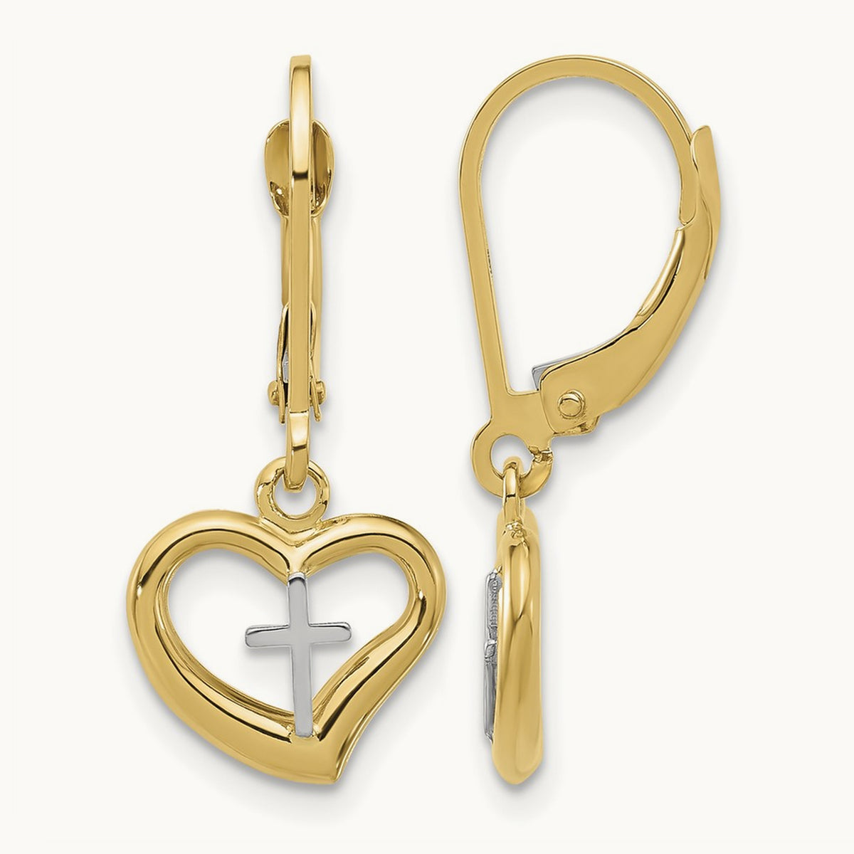 Polished Cross in Heart Leverback Dangle Earrings, 14K Two-tone
