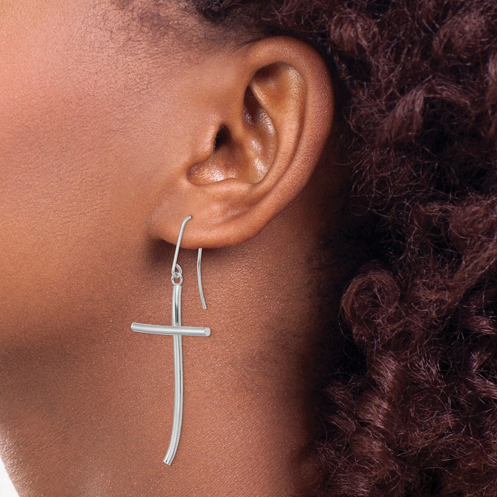 Polished Cross Dangle Earrings — 14K White Gold