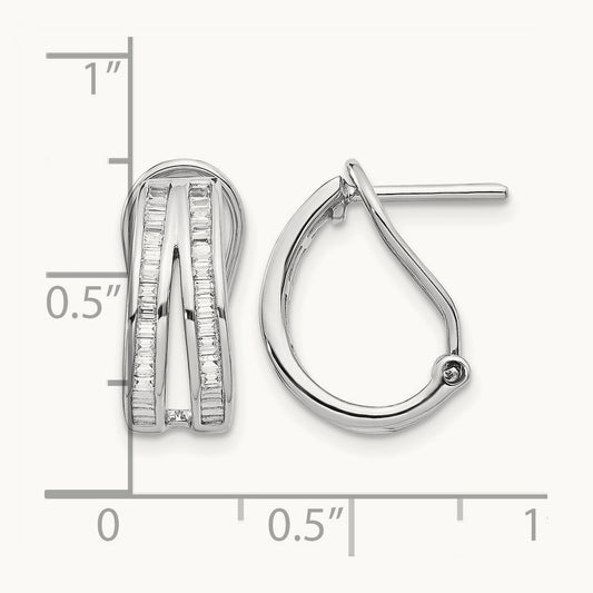 2-row Baguette Diamond Omega Back Hoop Earrings, 14K White Gold
