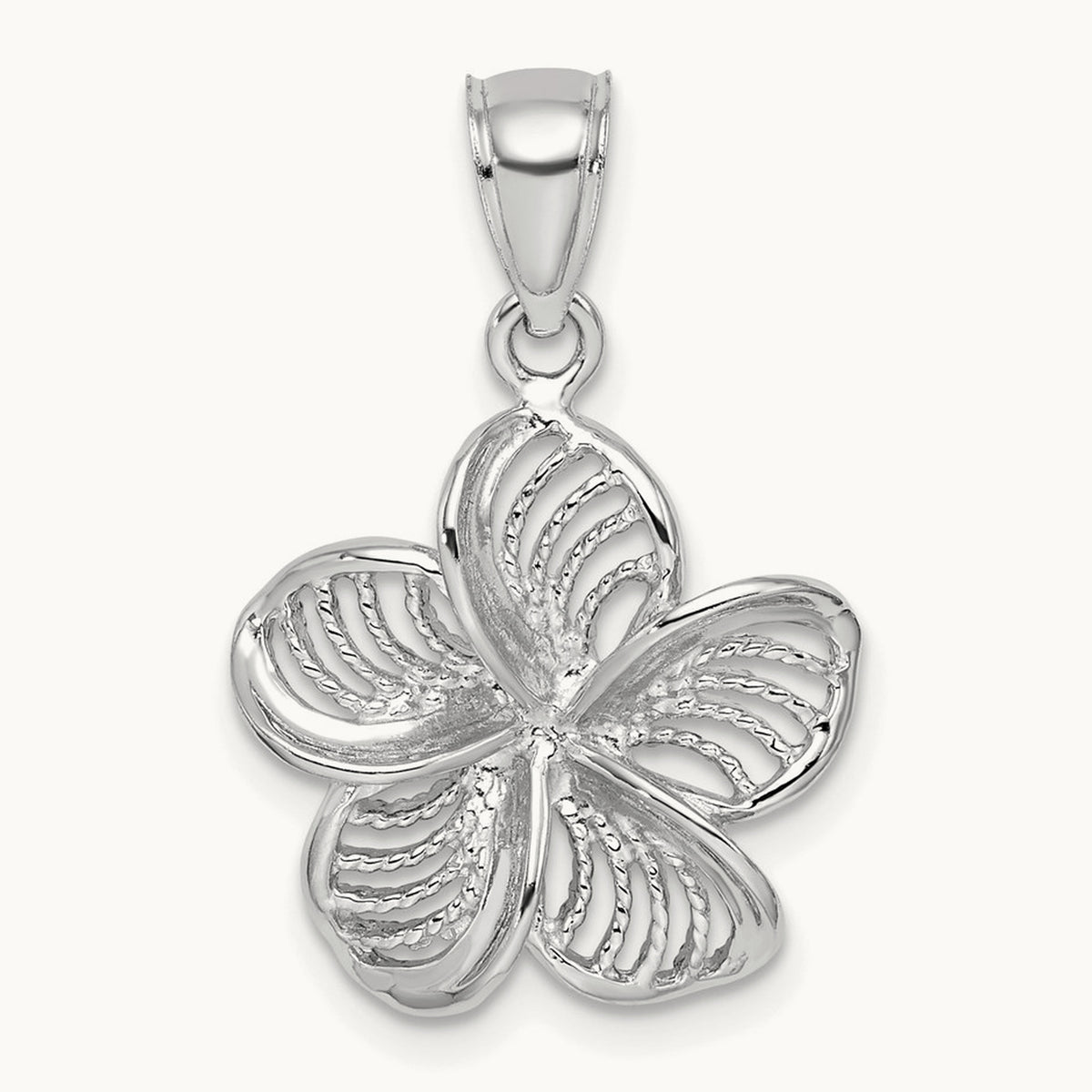 Beaded and Polished Plumeria Flower Charm — 14K White Gold