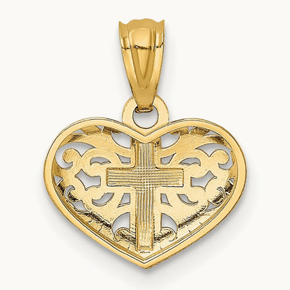 w/Rhodium Cross in Heart Pendant, 14K