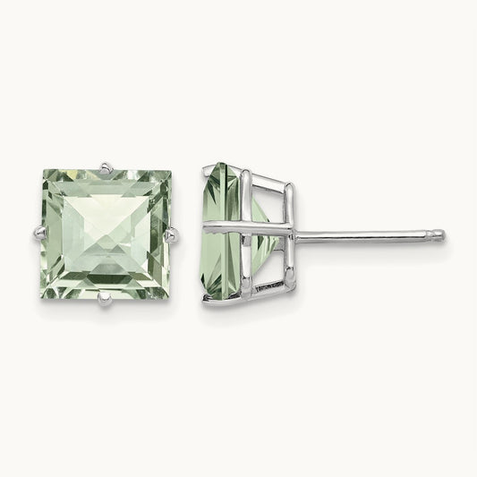 Princess 4-Prong Checker-Cut Green Quartz Earrings, 8.0mm, 14K White Gold