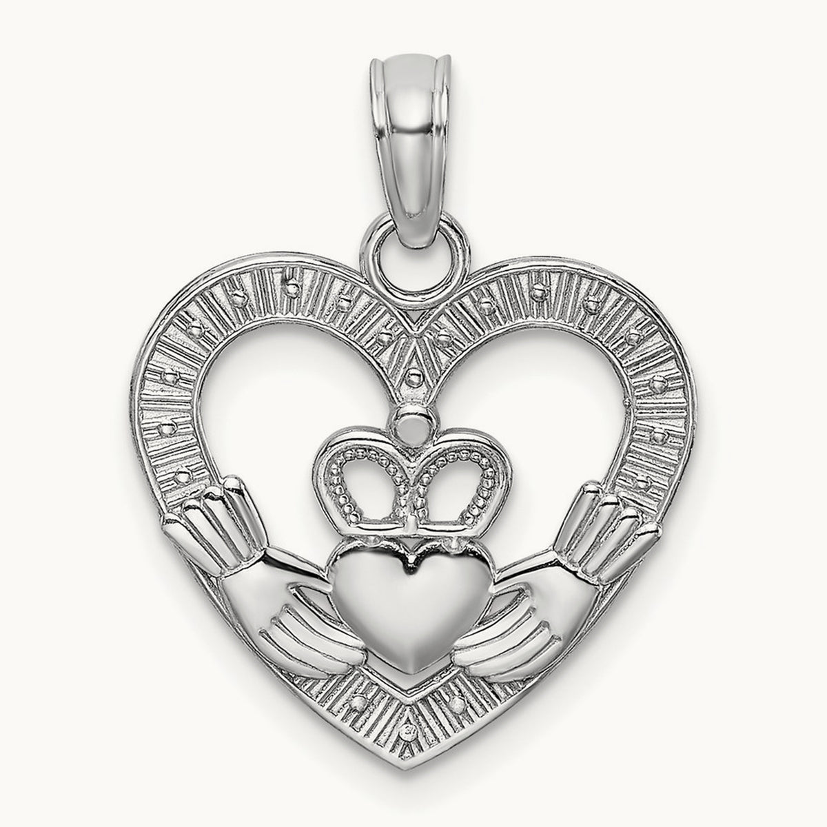 Polished/Textured Heart Claddagh Charm, 14K White Gold