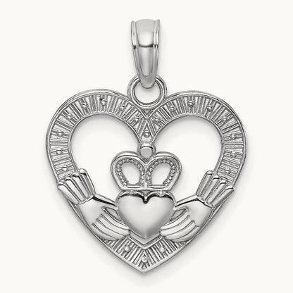 Polished/Textured Heart Claddagh Charm, 14K White Gold
