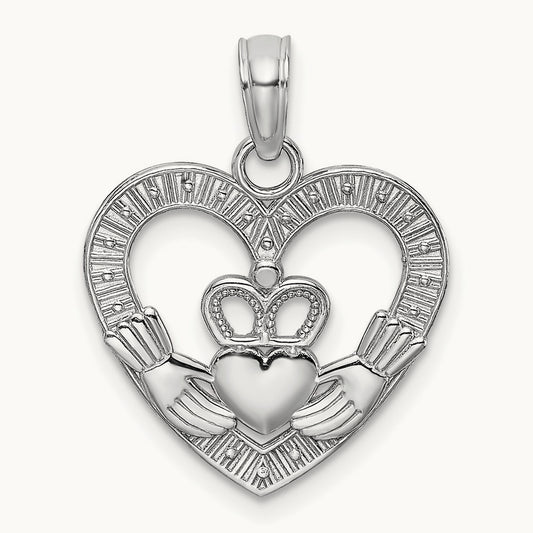 Polished/Textured Heart Claddagh Charm, 14K White Gold