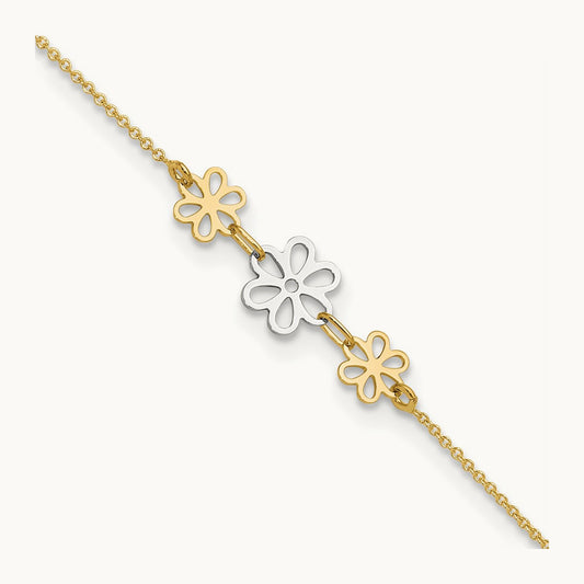 Polished Three Flower 9in Plus 1in ext Anklet, 14K Two-tone