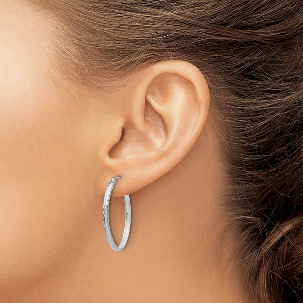 Lightweight Diamond-cut Oval Hoop Earrings — 14K White Gold, 20.5mm