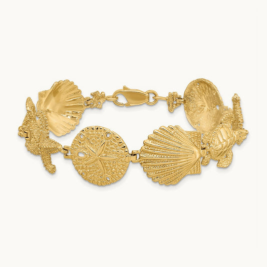 Polished Sand Dollar, Starfish, Turtle Link Bracelet, 14K