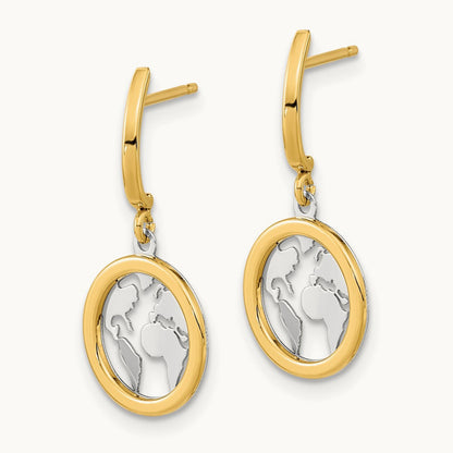 Polished White Rhodium Earth Dangle Earrings, 14K