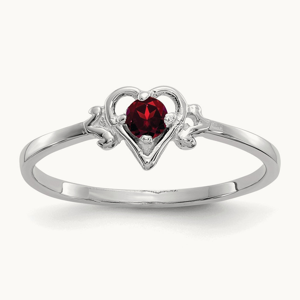 Garnet Birthstone Heart Ring — 14K White Gold, 7