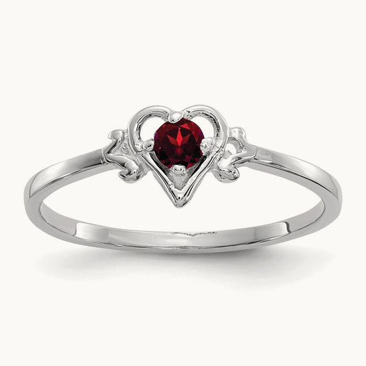 Garnet Birthstone Heart Ring — 14K White Gold, 7
