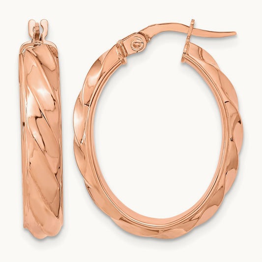 Polished and Twisted Oval Hoop Earrings — 14K Rose Gold