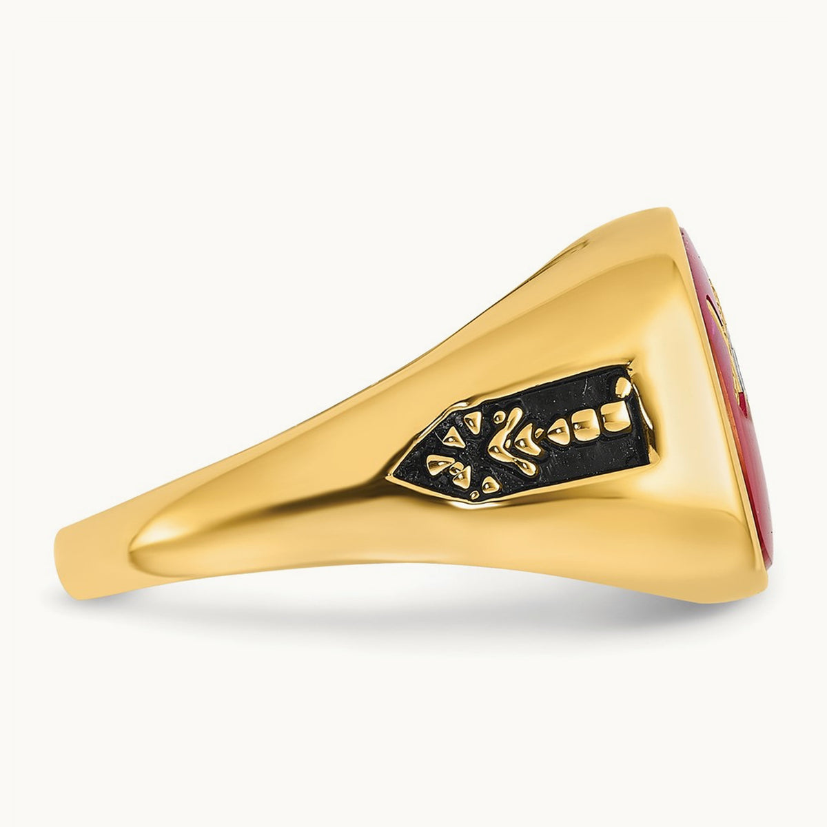 Men's Textured w/ Black Enamel & Lab Cr. Ruby Masonic Ring, 14K