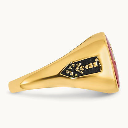 Men's Textured w/ Black Enamel & Lab Cr. Ruby Masonic Ring, 14K