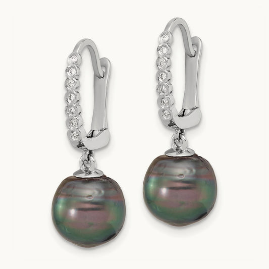 9- Round Black Tahitian Pearl and .07ct Dia Earrings, 10mm, 14K White Gold