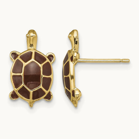 w/ Brown Enamel Sea Turtle Post Earrings, 14K