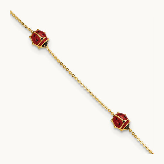 Polished Enameled Ladybugs 6.5in w/.75in ext. Bracelet, 14K