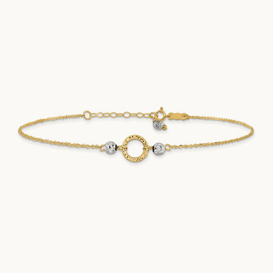 Circle and Bead 9in Plus 1in ext. Anklet, 14K Two-tone