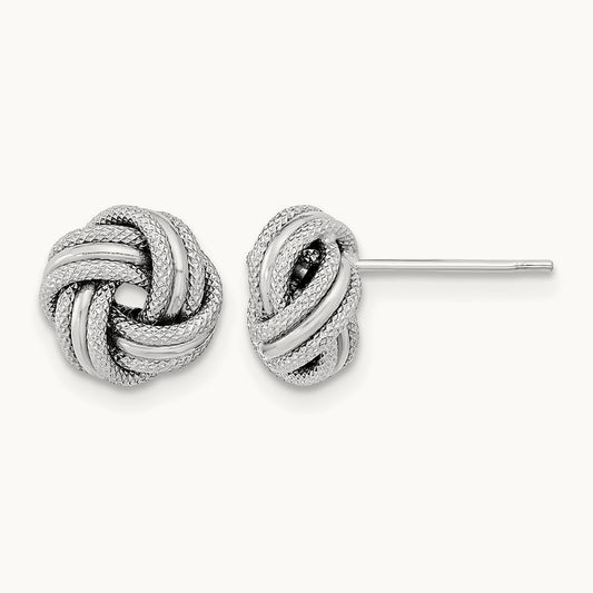 Polished Textured Triple Love Knot Post Earrings — 14K White Gold, 9mm
