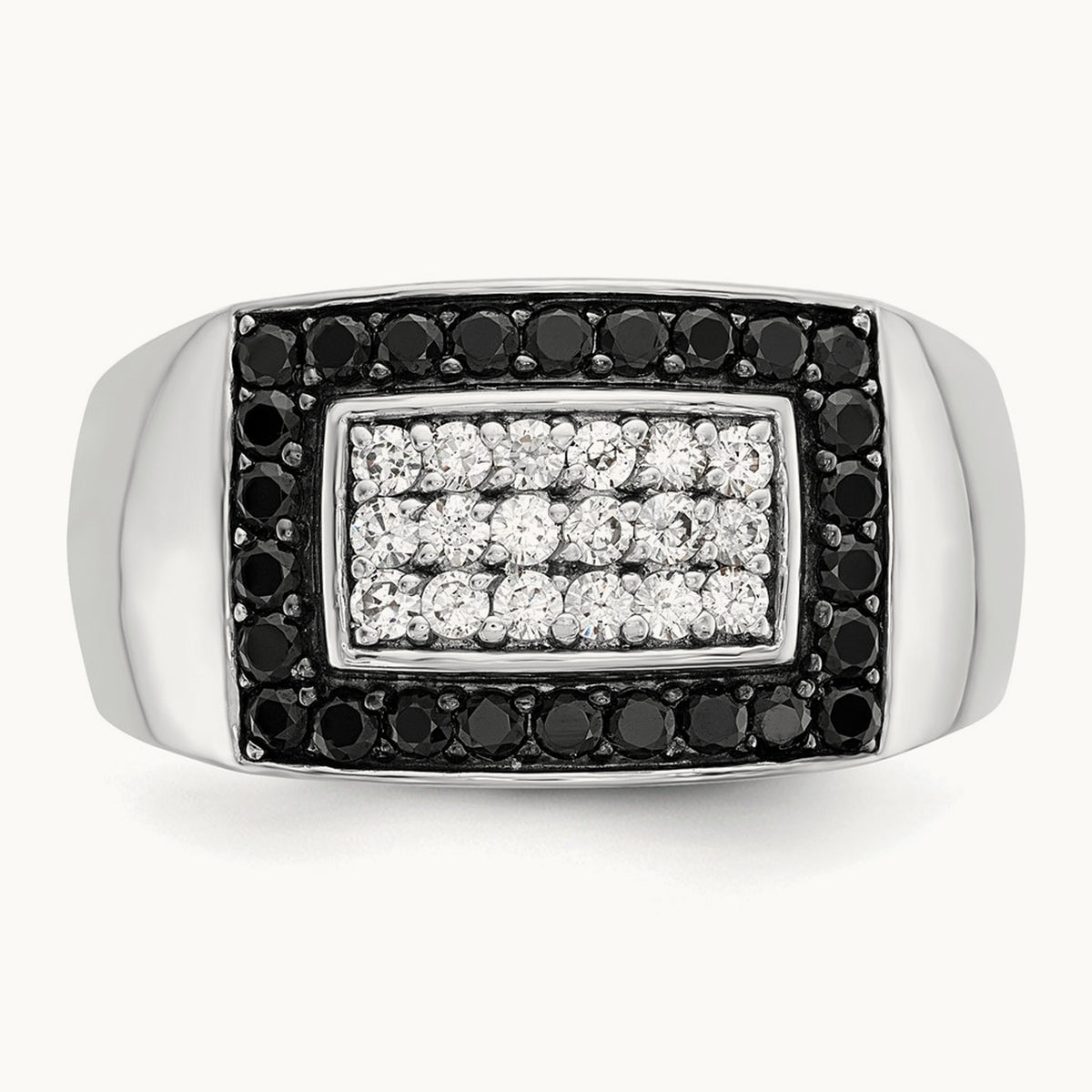 IBGoodman Men's Polished Black/White Dia Rectangular Cluster Ring, 14K White Gold