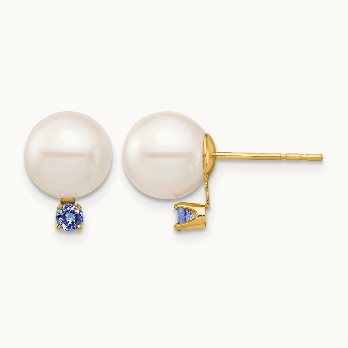 8- White Round Freshwater Cultured Pearl Tanzanite Post Earrings, 8.5mm, 14K