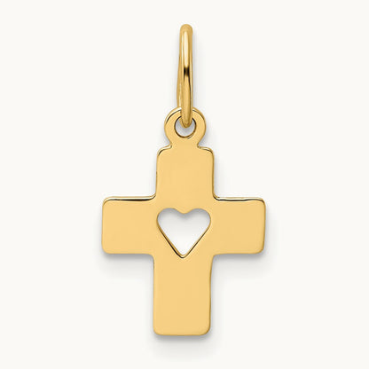 Polished Cross with Heart Pendant, 14K
