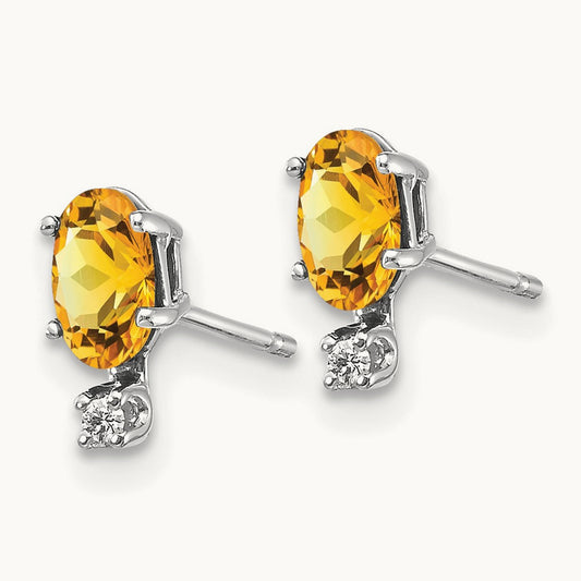 Diamond and Citrine Birthstone Earrings, 14K White Gold