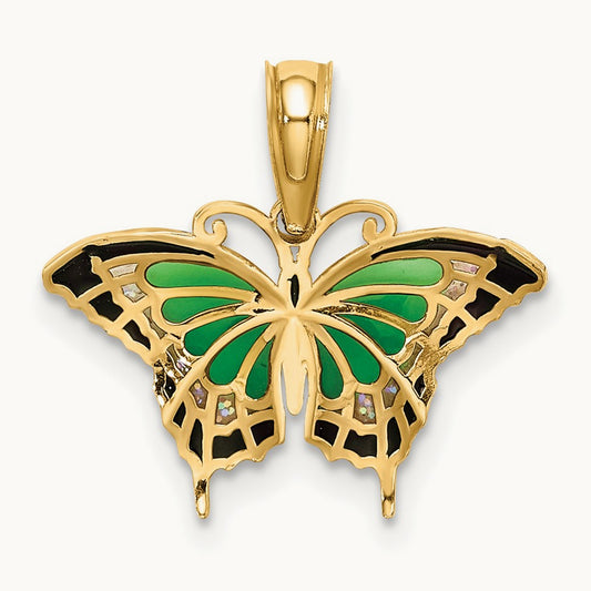 Small Green Enameled Butterfly Charm, 14K