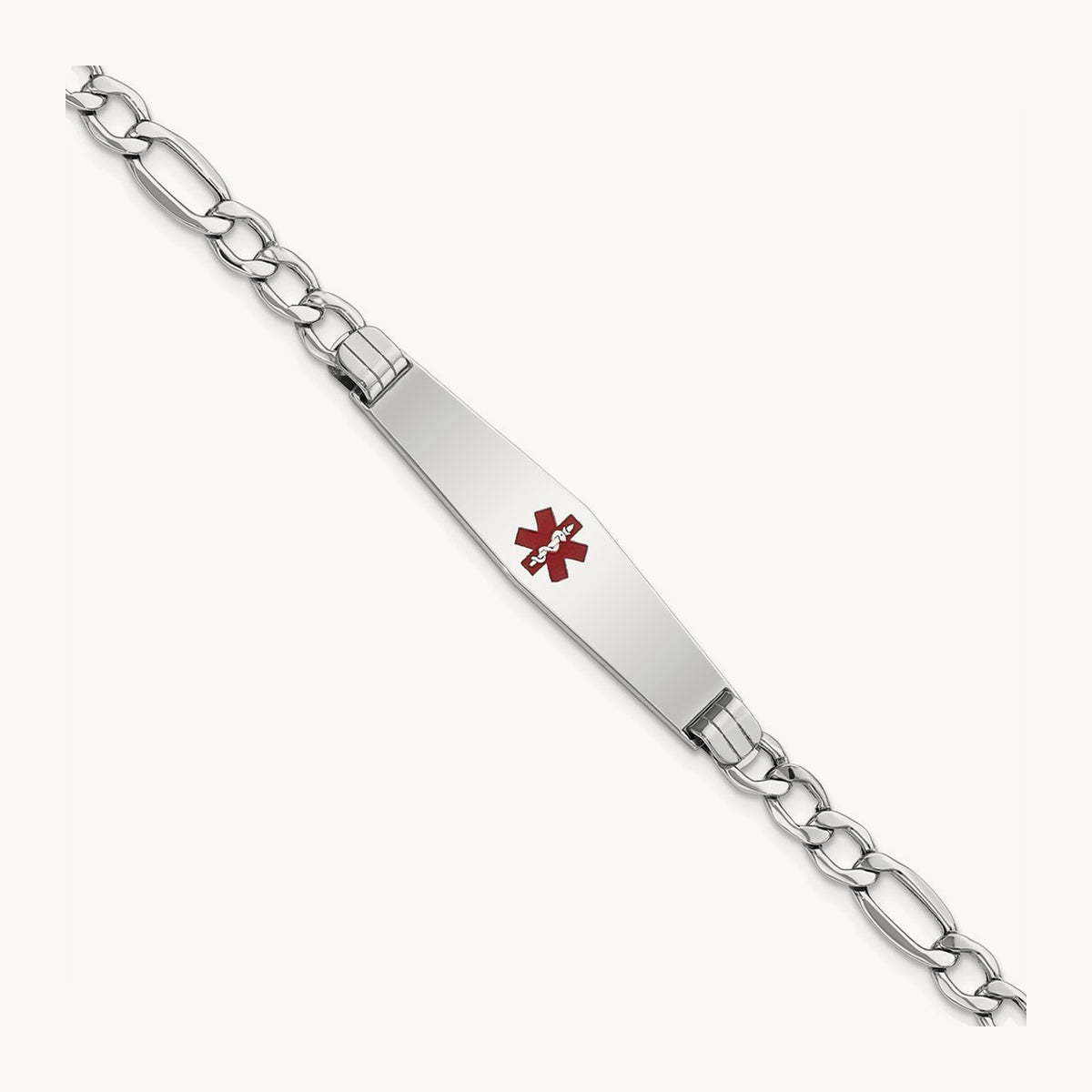 WG Semi-Solid Medical Soft Diamond Shape Red Enamel Figaro ID Bracelet, 14K