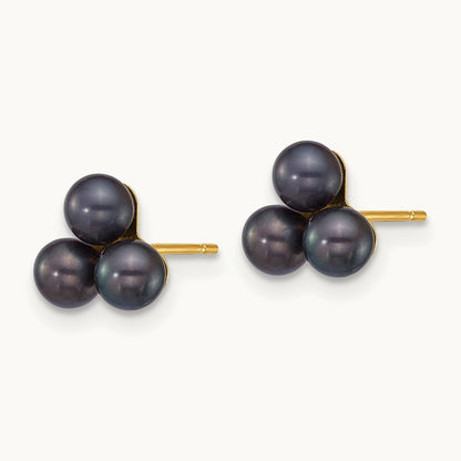 3- Button Black Freshwater Cultured 3 Pearl Post Earrings, 4mm, 14K