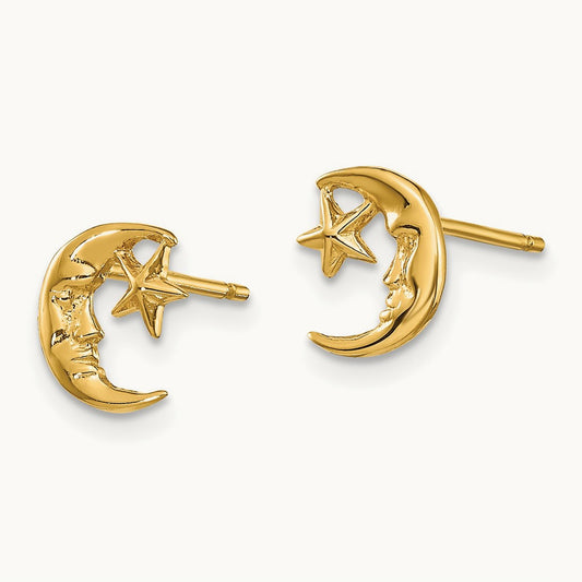 Moon and Star Post Earrings, 14K