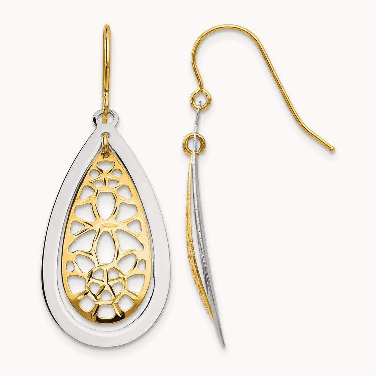 Diamond Cut Polished Fancy Dangle Earrings, 14K Two-tone