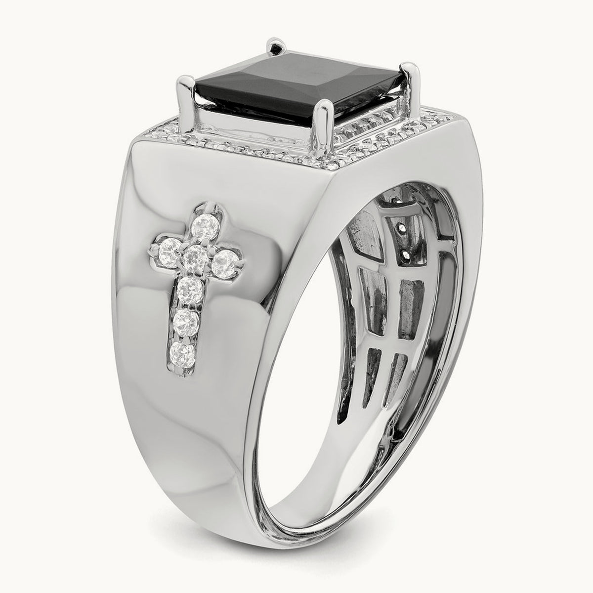 Onyx and Diamond Cross Men's Ring — 14K White Gold, 10
