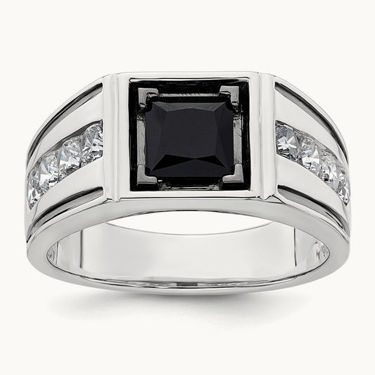 Black Rh & Onyx Ring, 1.00 ct tw Lab-Grown Diamond