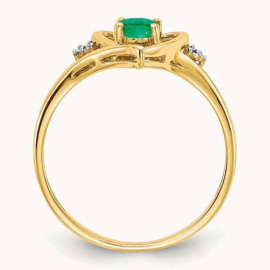 Emerald and Diamond Heart Ring — 14K Yellow Gold, 7
