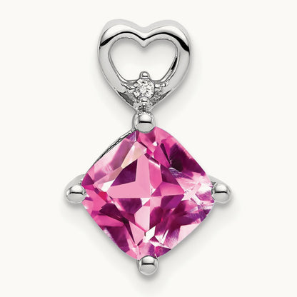 Created Pink Sapphire and Diamond Heart Chain Slide, 14K White Gold