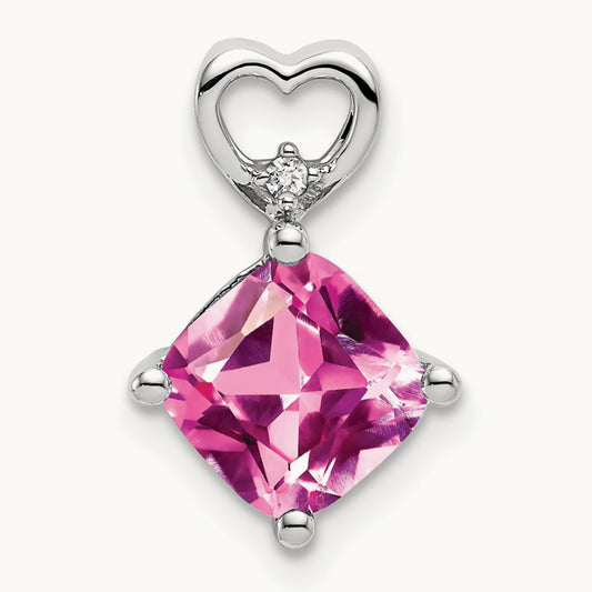 Created Pink Sapphire and Diamond Heart Chain Slide, 14K White Gold